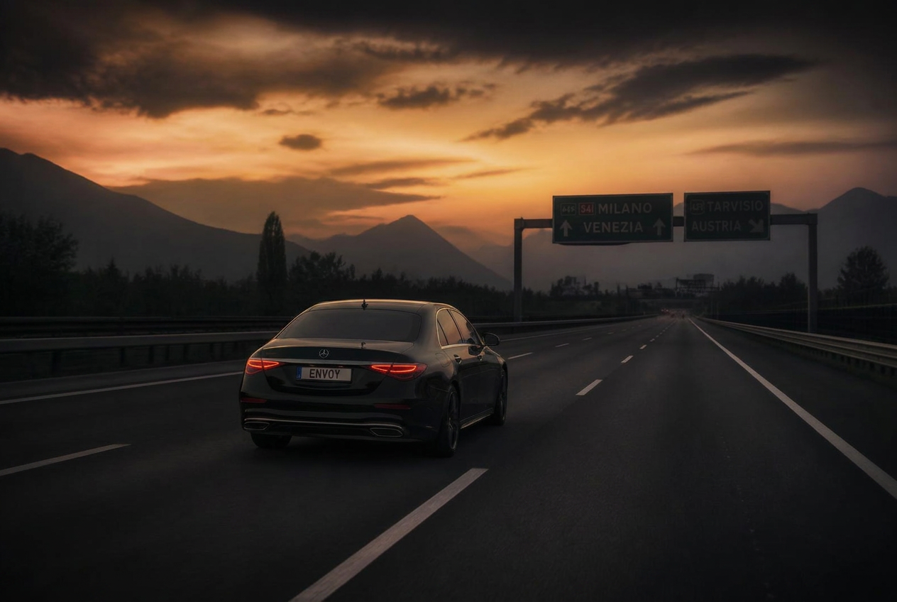 Donkere luxe auto onderweg over een lege Europese snelweg bij zonsondergang